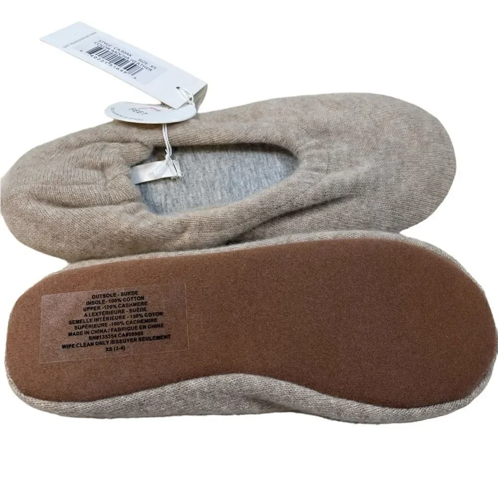 NWT SKIN Girls 100% Cashmere Mocha Ballet Slippers House-shoes - Size XS/ 3-4